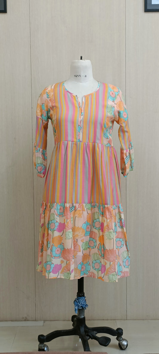 Muslin striped and floral dress