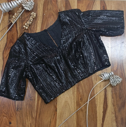 Black Sequins V neck Blouse