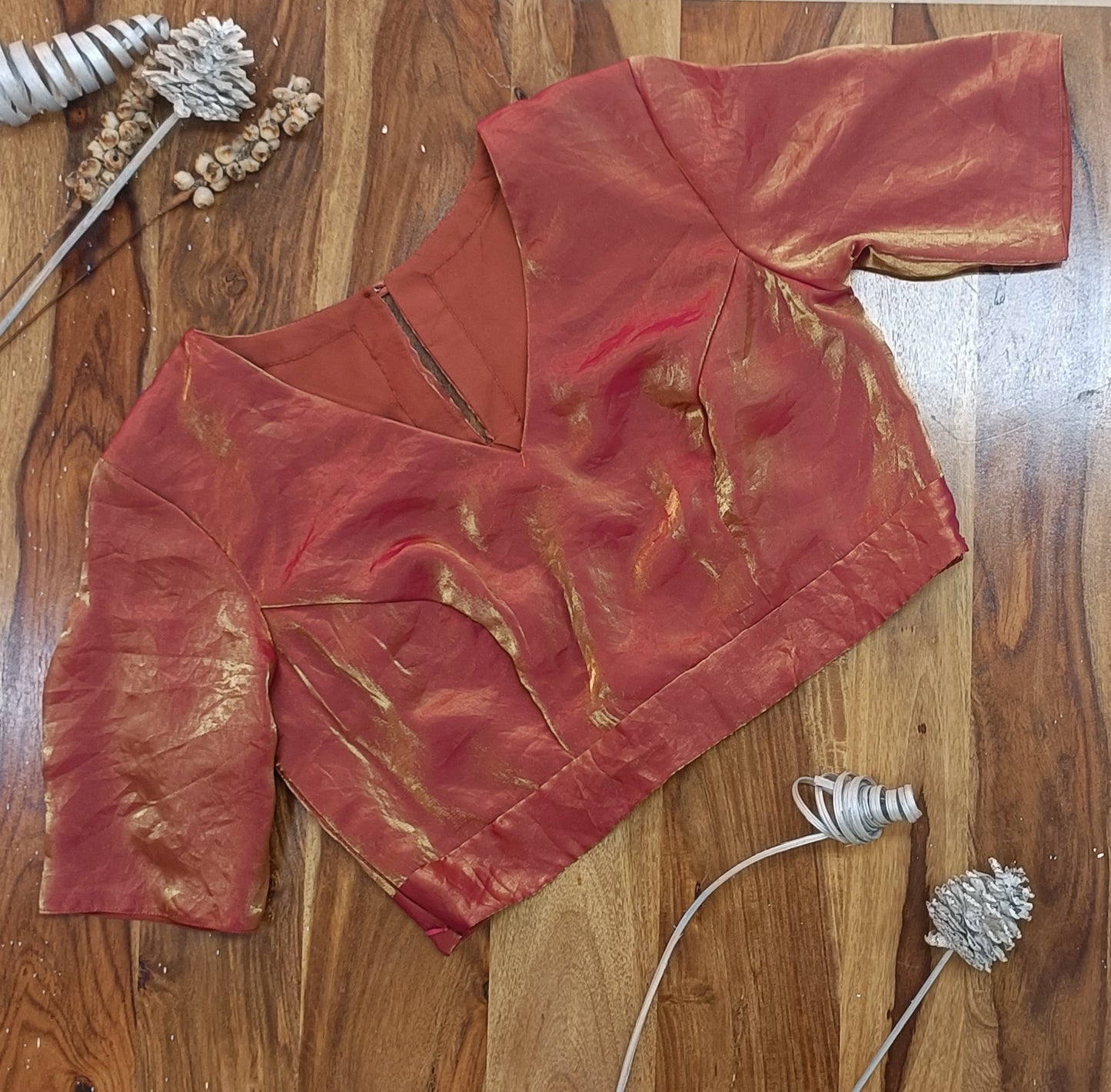 Rust Tissue Organza V Neck Blouse